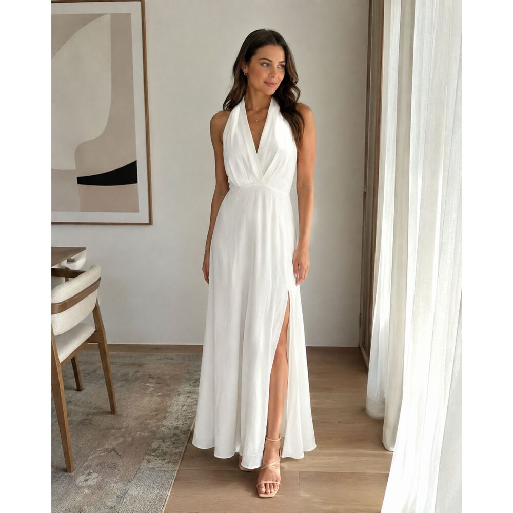 ASTR Halter Midi Dress L Linen Minimalist Bridal Wedding Vacation White Keava